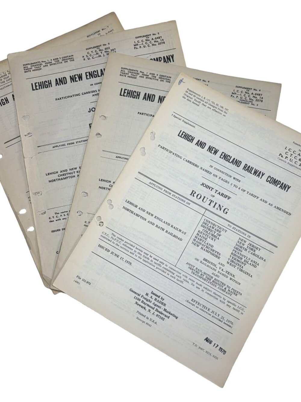 4 Pc Vintage Lehigh and New England Railroad Routing Tariff Collection 1945-1970